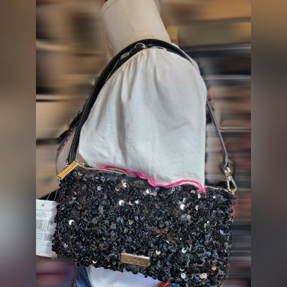 NWT Kate Spade Kiki Sequin Fabric Convertible Wristlet Wallet Clutch Black